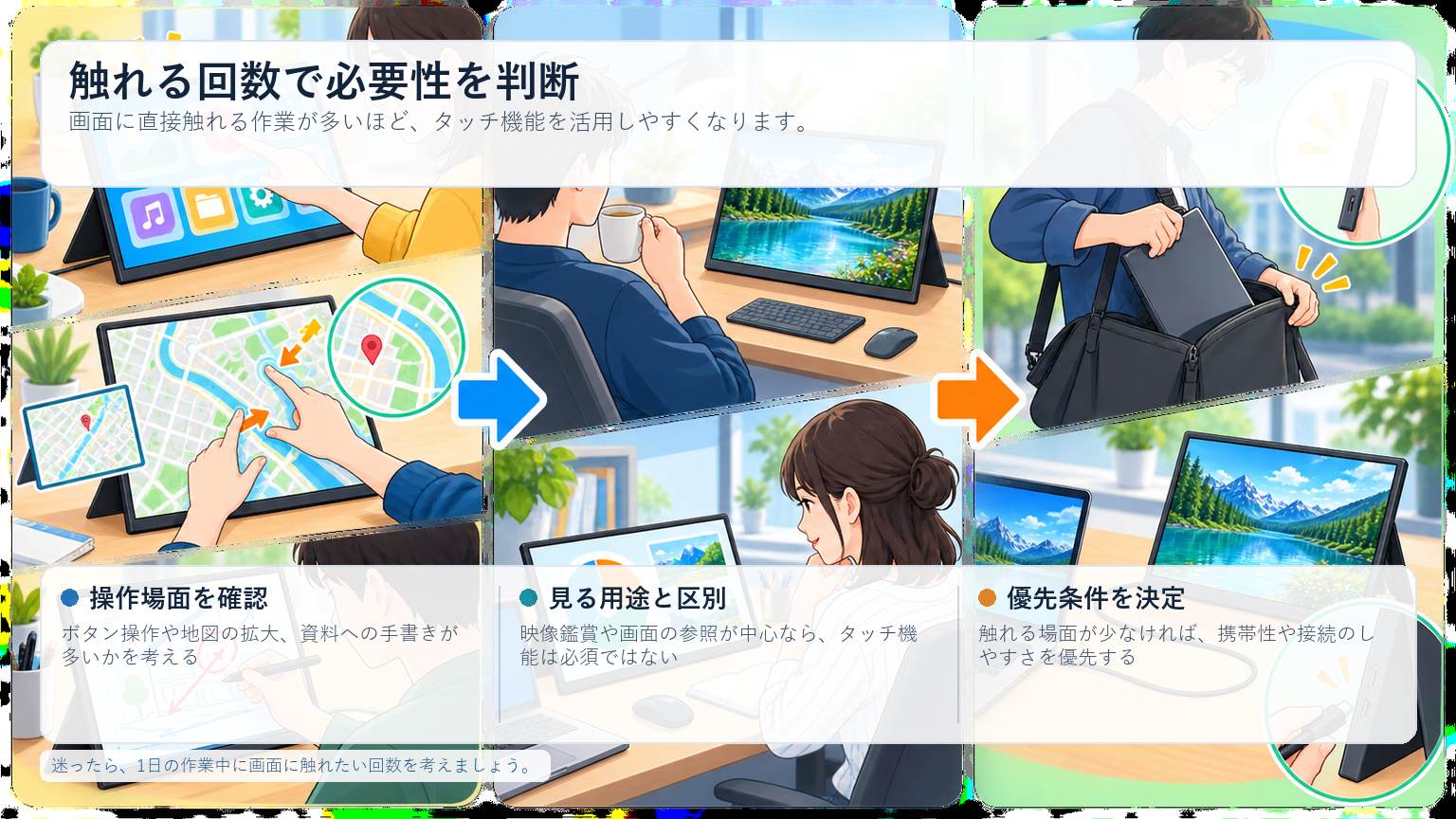 タッチパネルが必要なのは画面へ直接触れて操作したい人の図解：触れる回数で必要性を判断