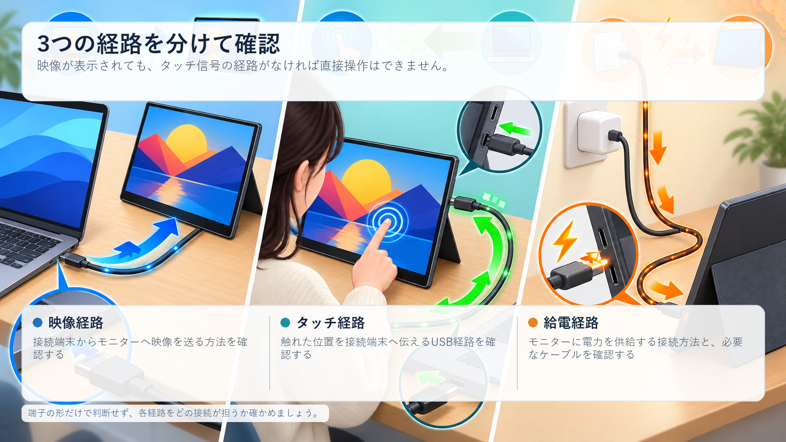 映像表示とタッチ入力では信号の通り道が異なるの図解：3つの経路を分けて確認