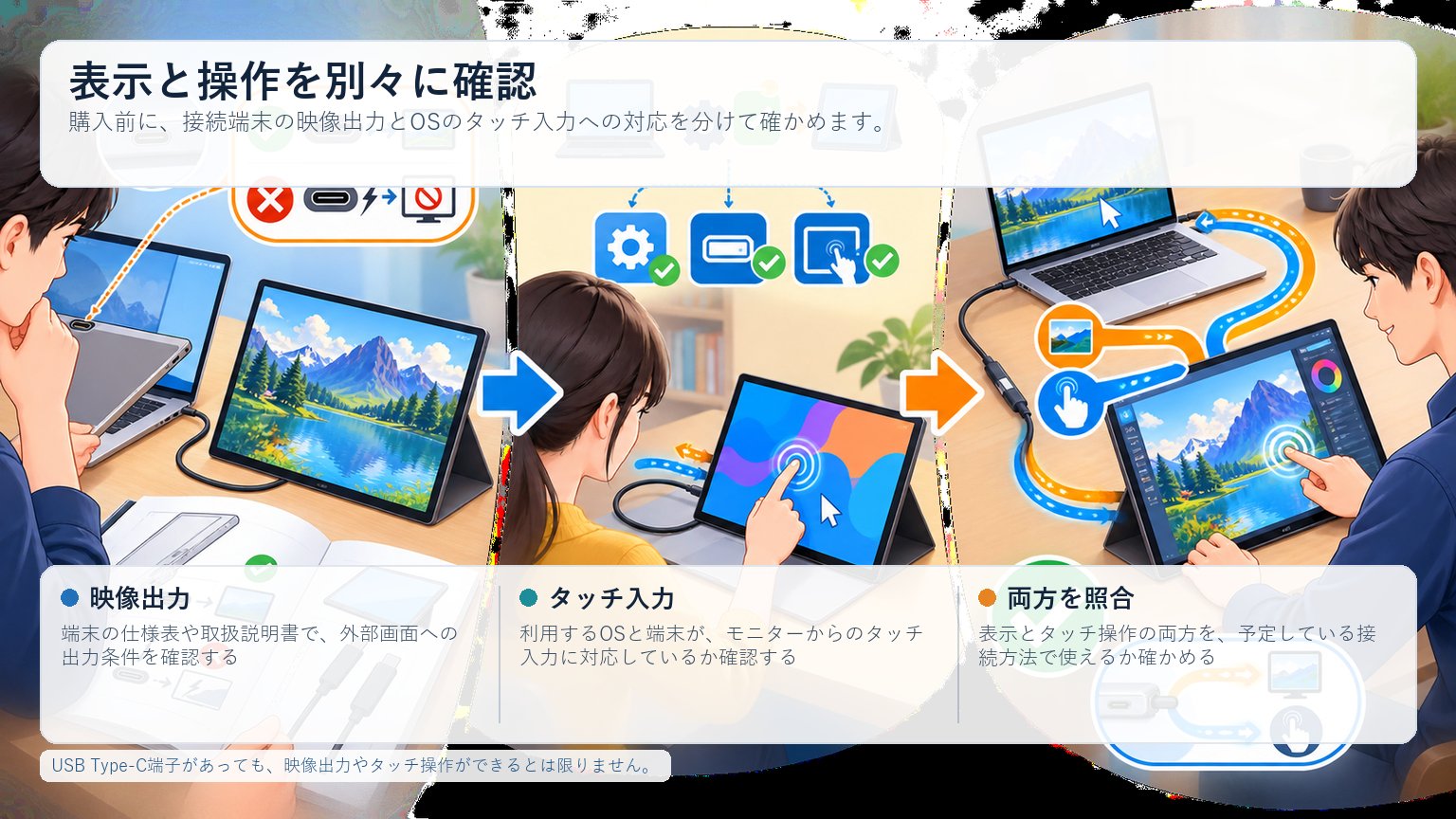 OSと端末の映像出力を購入前に確認するの図解：表示と操作を別々に確認