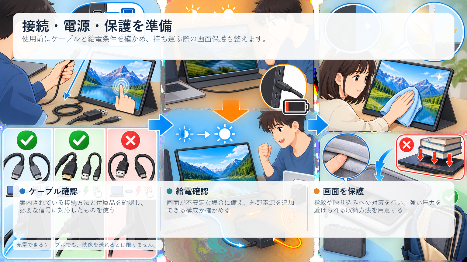 ケーブル不足と給電不足がよくある失敗につながるの図解：接続・電源・保護を準備