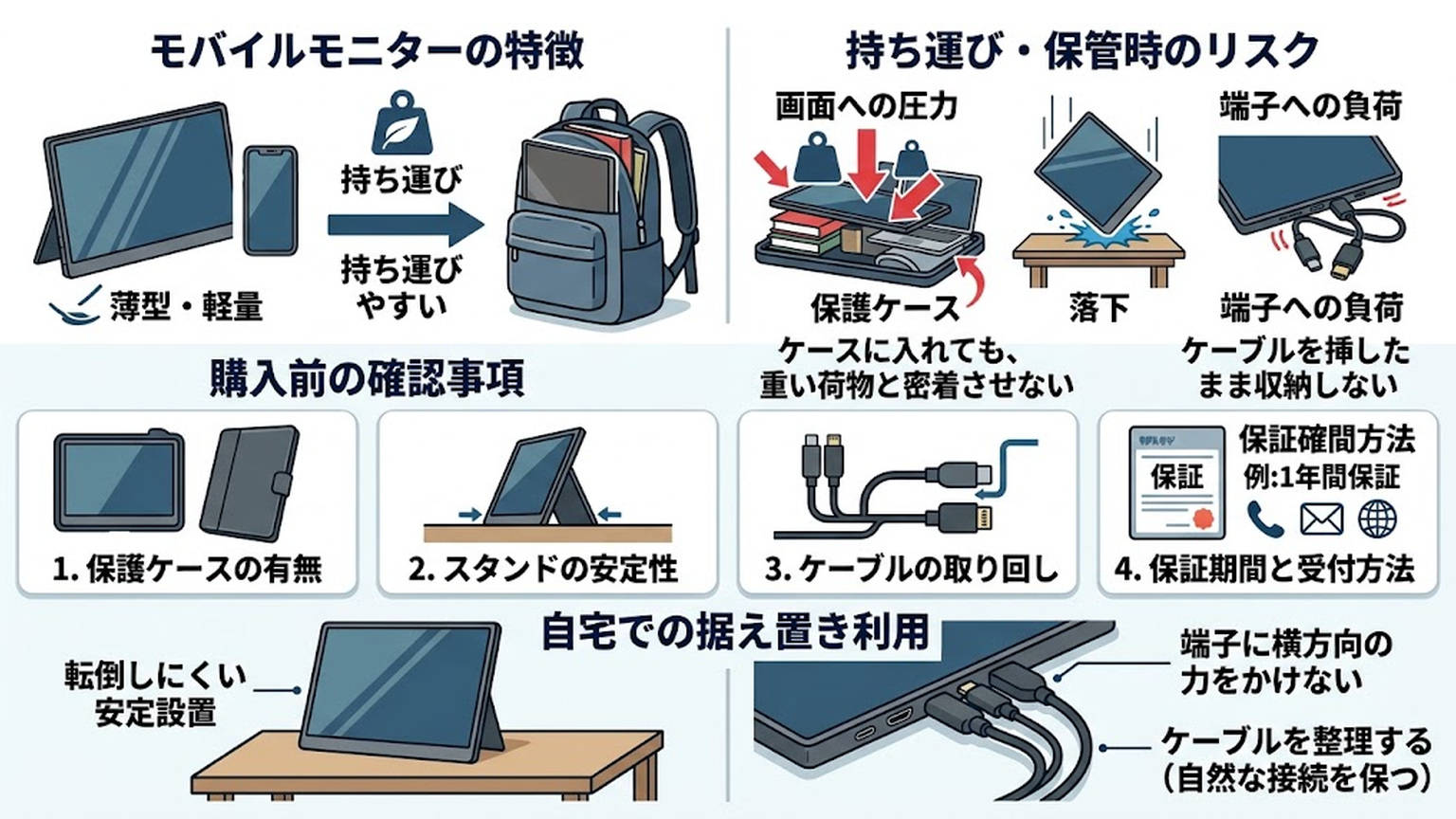 壊れやすさを左右する持ち運び方と購入前の確認項目の図解:本文内容を視覚化した図解